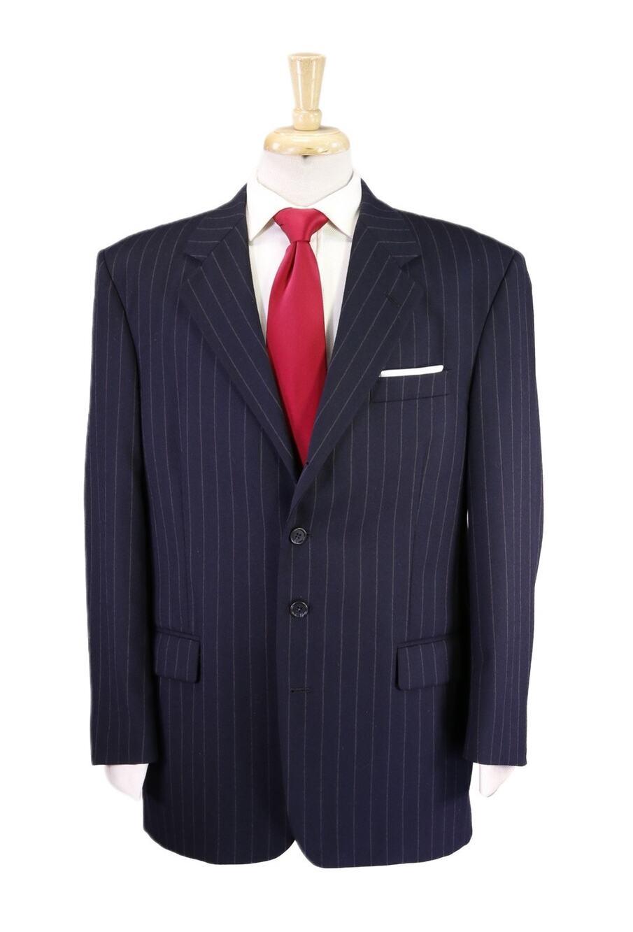 Adolfo International Navy Blue Bold Chalkstripe Wool Fleece Suit 40R